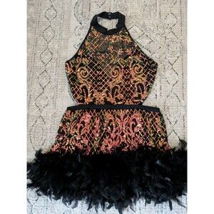 Tenth House Sequin Dance Competition Costume Feather Skirt Halter Women L/XL